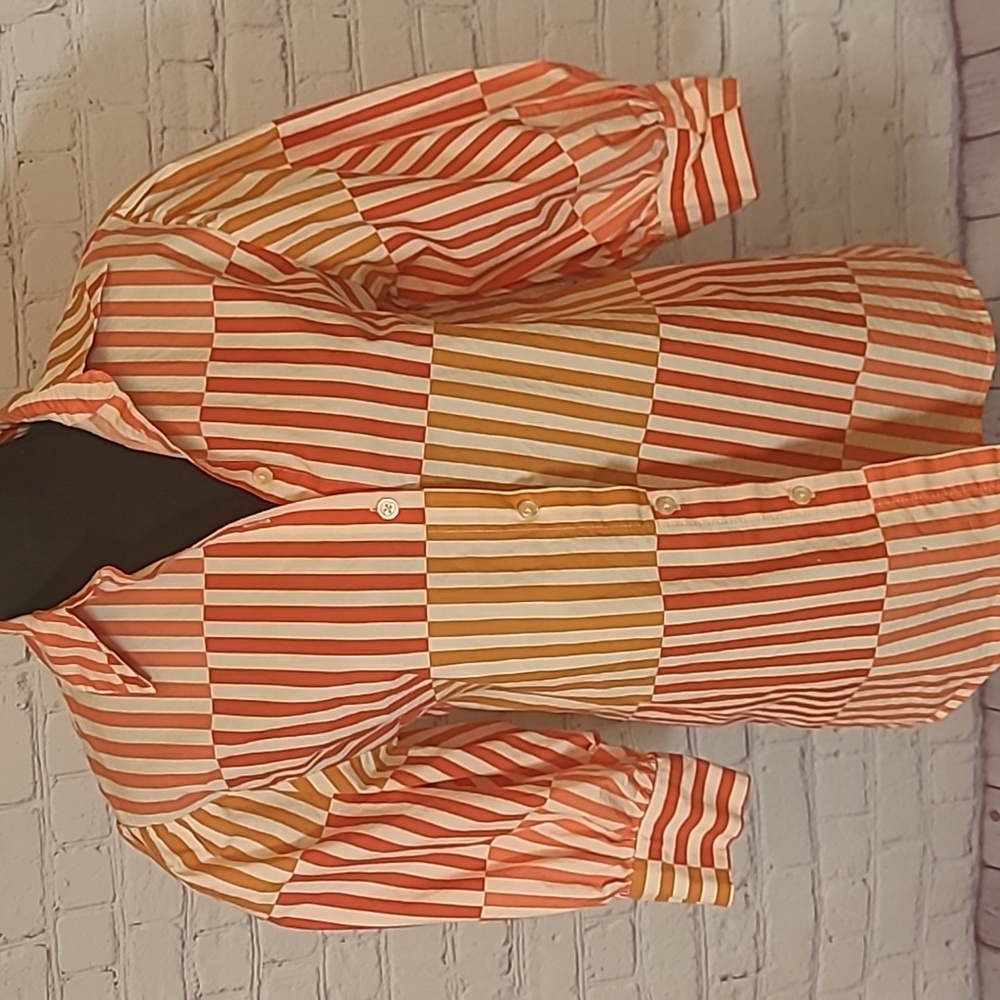 Orange Cream Striped Small Top Puffed Half Sleeve Button Front Who What Wear